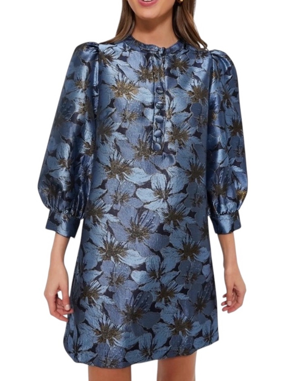Pomander Place Blue & Gold Floral Jacquard Mini Dress w/Puff Sleeves Size Large